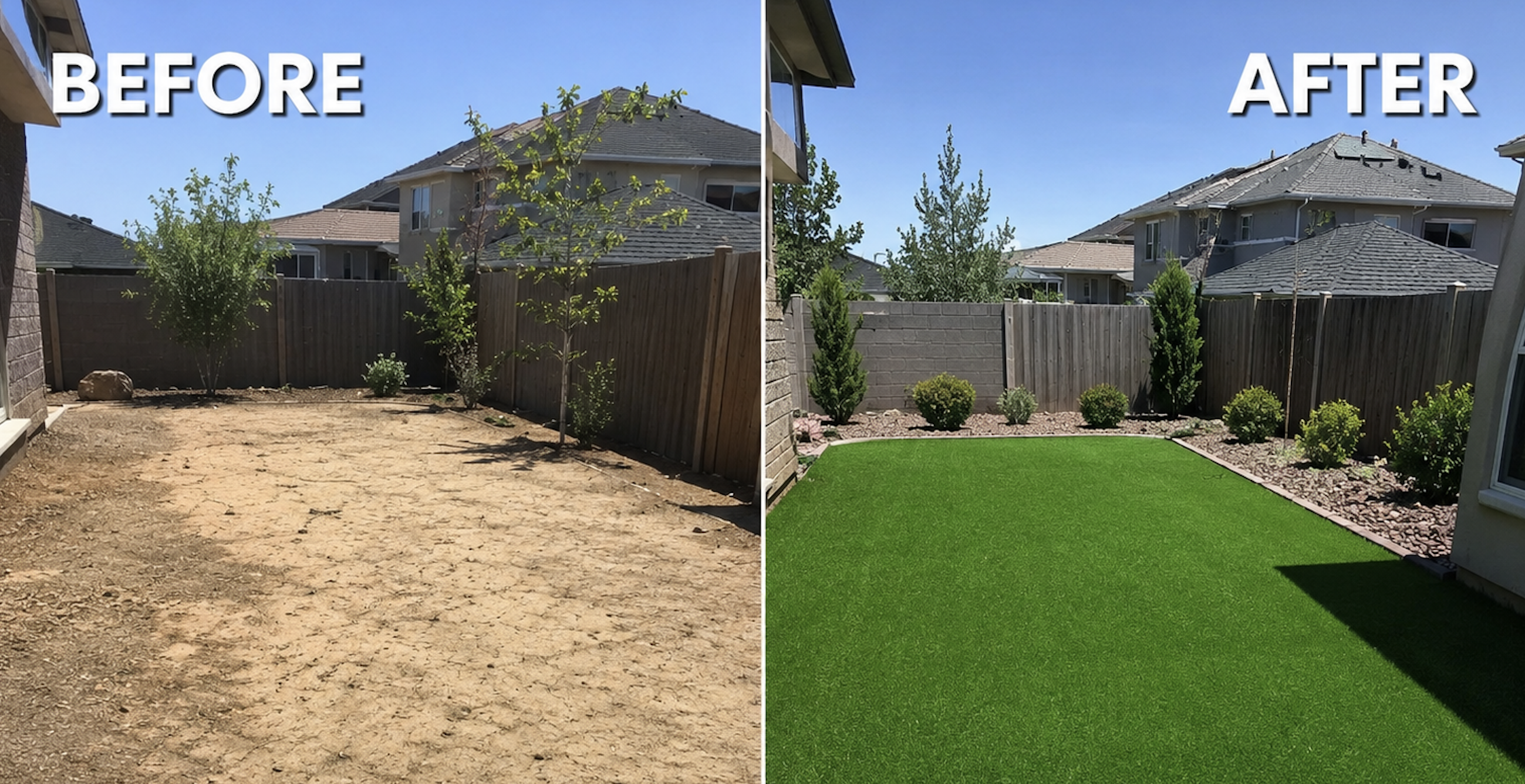 Before and after backyard transformation with new artificial turf, mulch border, and landscaping in Utah